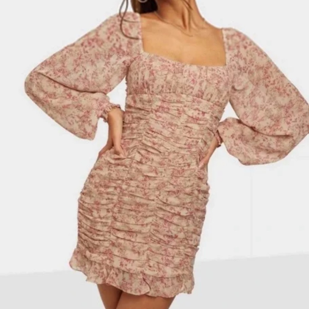 Kiss The Sky Floral Mesh Long Sleeve Ruched Mini Dress Pink Cream Womens L